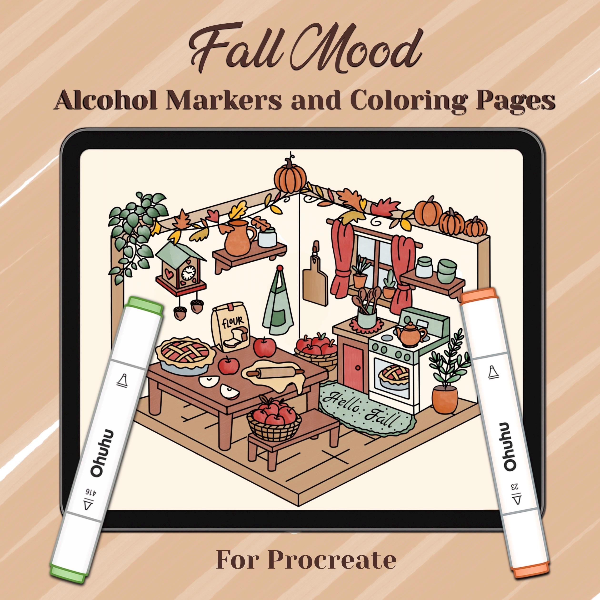 Juego de pinceles para Procreate con marcadores a base de alcohol inspirado en Coco Wyo – Pack de otoño con páginas para colorear, blender y liner