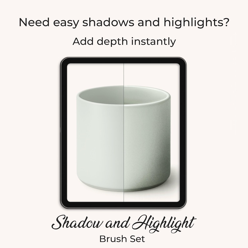 K&ouml;nnte beinhalten: Ein wei&szlig;er Keramikbecher, vertikal geteilt, um einen Schatten- und Lichteffekt zu zeigen. Der Text lautet: &bdquo;Ben&ouml;tigen Sie einfache Schatten und Highlights? Sofort Tiefe hinzuf&uuml;gen.&ldquo; Darunter steht &bdquo;Shadow and Highlight Brush Set&ldquo;.