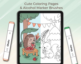 Set di pennelli e pennarelli ad alcol Procreate, pagine da colorare con animali (download digitale)