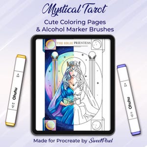Könnte beinhalten: Digitaldruck der Tarotkarte "Die Hohepriesterin", dargestellt auf einem Tablet. Das Bild ist eine Malvorlage mit einer Frau in blauem Kleid und Krone. Zwei Ohuhu-Alkoholmarker, einer gelb und einer lila, sind auf beiden Seiten des Tablets positioniert.