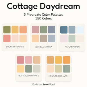 Pode incluir: Cottage Daydream 5 paletas de cores Procreate 150 cores. Cinco conjuntos de amostras de cores rotulados como Country Morning, Bluebell Kitchen, Meadow Linen, Buttercup Cottage e Honeyed Orchard. Cada conjunto contém seis quadrados de cor distintos. Made by SweetPixel.