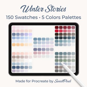 May include: A digital tablet shows colour palettes labelled "Winter Stories" with 150 swatches and 5 colour palettes. The screen displays various colour combinations in shades of red, blue, green, and neutral tones. A white stylus rests on the screen.