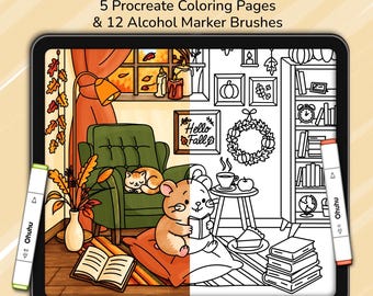 Pagine da colorare per Procreate, 5 accoglienti pagine autunnali + 12 pennelli per pennarelli ad alcol, atmosfera autunnale