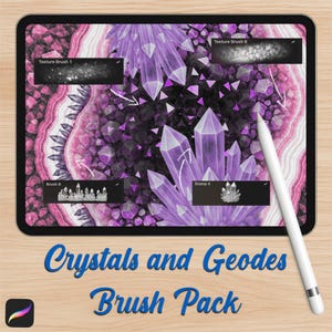 May include: Digital art brush pack displayed on a tablet, featuring a purple crystal and geode design. The screen shows various brush textures and a stylus. Text reads "Crystals and Geodes Brush Pack."