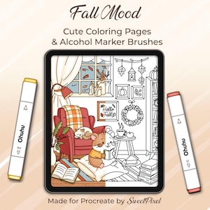 May include: A digital art illustration of a cozy fall scene with a mouse reading a book, a cat, and a window view. The image is on a tablet, with two Ohuhu alcohol markers on either side. Text reads "Fall Mood" and "Cute Coloring Pages & Alcohol Marker Brushes."