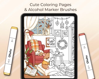 Procreate 12 Alcohol Marker Brushes, 5 Cozy Autumn Coloring Pages, Fall Mood