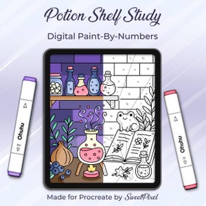 May include: Digital paint-by-numbers art on a tablet, featuring a potion shelf with bottles, a bubbling flask, and a frog. Two Ohuhu markers flank the tablet. Text reads "Potion Shelf Study" and "Digital Paint-By-Numbers."