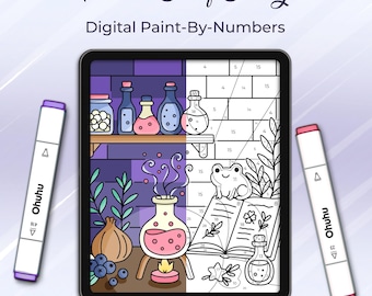Procreate Color By Numbers – Potion Shelf Study Coloring Page + Color Palette