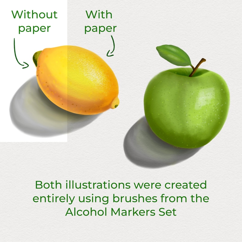 Op de afbeelding: Digitale illustratie van een citroen en een groene appel, elk met een schaduw. De citroen is geel en de appel is groen. De tekst luidt: "Zonder papier" en "Met papier". De tekst onderaan luidt: "Beide illustraties zijn volledig gemaakt met penselen uit de Alcohol Markers Set".