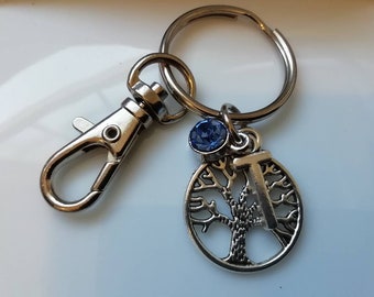 Porte-clés lettre initiale, pierre de naissance Swarovski, porte-clés personnalisé, breloque arbre de vie, porte-clés arbre de vie, cadeau personnalisé