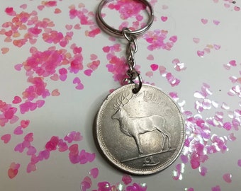 1990 Irish coin Keyring, with Irish lucky shamrock  charm , 33rd birthday  coin ,wedding anniversary gift, Farther's day gift