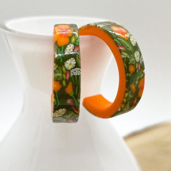 Millefiori Poppy Hoops | Handmade | Polymer Clay | Very lightweight | One of a kind | California Poppies