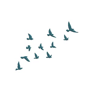 May include: A flock of teal blue birds flying in a loose formation against a white background.