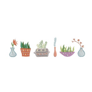 May include: A row of six potted plants with different colored pots and plants. The pots are decorated with geometric patterns. The plants are green and orange.