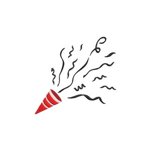 May include: A red and white party popper with black confetti streaming out of the top.