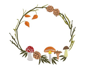 May include: Embroidered wreath with autumnal elements, including mushrooms, pine cones, and leaves. The wreath is in shades of brown, red, orange, and green.
