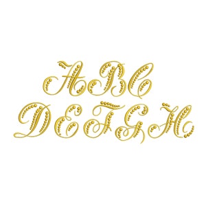 May include: Gold script font letters A, B, C, D, E, F, G, and H with a beaded outline.