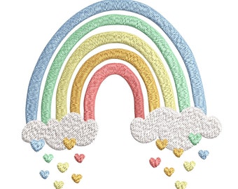 May include: A rainbow with clouds and hearts. The rainbow is made of six colors: blue, green, yellow, orange, pink, and red. The clouds are white with a silver glitter effect. The hearts are in various colors: blue, yellow, orange, and pink.