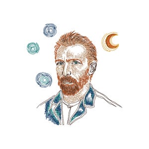 May include: An embroidered portrait of Vincent van Gogh with a red beard and hair, and a blue and green jacket. The artwork includes embroidered swirling circles and a crescent moon.