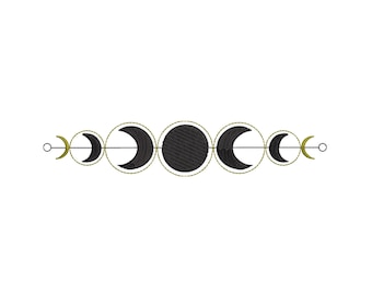 May include: A black and gold moon phase design with five moons in a row. The moons are in different phases, starting with a crescent moon and ending with a full moon.
