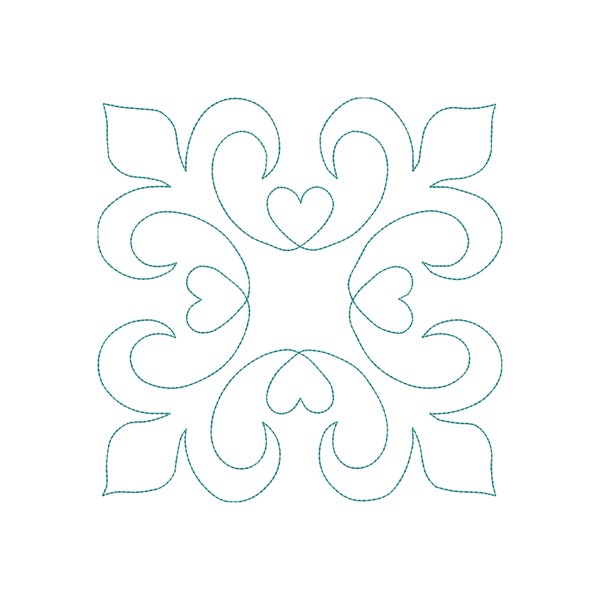 May include: A teal-colored, square quilt block design on a white background. The design features a symmetrical pattern of swirling lines, hearts, and leaf-like shapes, created with a stitched effect.