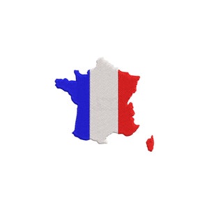 May include: A blue, white, and red French flag in the shape of the country of France.