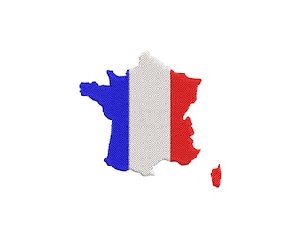 May include: A blue, white, and red French flag in the shape of the country of France.