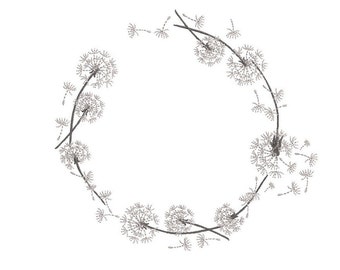 May include: A wreath made of dandelion flowers with seeds blowing in the wind. The wreath is made of delicate, white dandelion flowers with stems that are intertwined to form a circle. The dandelion seeds are blowing in the wind, creating a whimsical and ethereal effect.