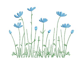 Puede incluir: Diseño bordado de un campo de flores azules con tallos y hojas verdes.