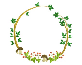 May include: A wreath made of green leaves and brown branches with red berries and mushrooms. The wreath is on a white background.