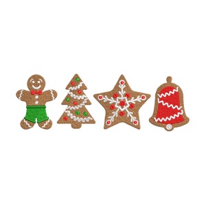 May include: Four gingerbread cookies decorated with icing and sprinkles. The cookies are shaped like a gingerbread man, a Christmas tree, a star, and a bell.