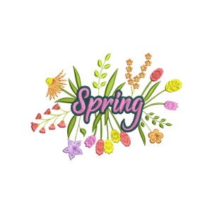 May include: Embroidered design featuring the word "Spring" in pink lettering with a green outline. The word is surrounded by a variety of colorful flowers, including yellow, pink, and orange.