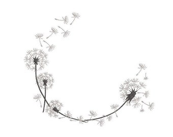 May include: A delicate illustration of dandelions in a semi-circular arrangement. The design features several dandelion seed heads, some with seeds blowing away, and dark stems. The artwork is set against a clean white background.