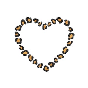 Könnte beinhalten: Eine Herzform aus schwarzen und orangefarbenen Leopardenflecken.