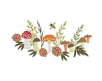 May include: An embroidered design featuring a variety of mushrooms, pine cones, and a bee. The mushrooms are in shades of red, orange, and brown, and the pine cones are in shades of brown and green. The bee is yellow and black.
