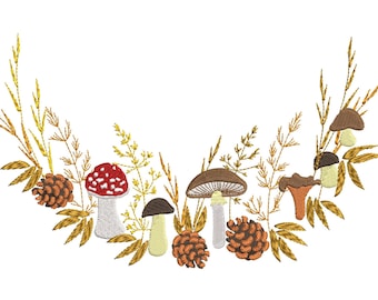 May include: An embroidered design featuring a semi-circular arrangement of autumn elements. The design includes various mushrooms, pinecones, and wheat stalks in shades of brown, red, orange, and yellow against a white background.