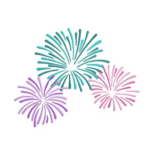 May include: Three fireworks exploding in the sky. The fireworks are blue, purple, and pink.