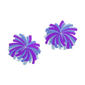 May include: Two embroidered pom-poms in shades of purple, blue, and light blue. The pom-poms have a radial design with curved, layered segments. The background is plain white. These could be used for cheerleading or other decorative purposes.