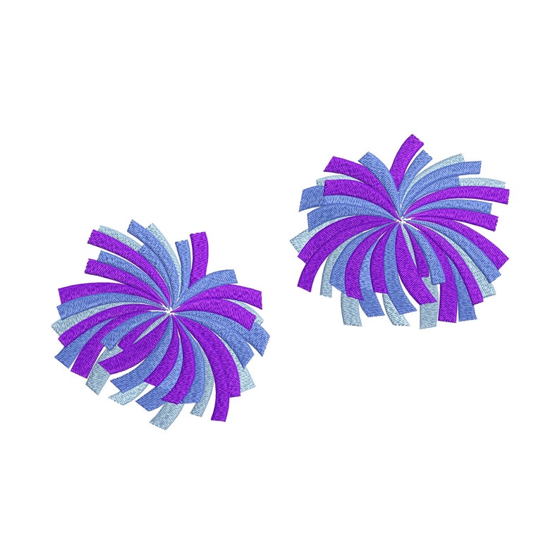May include: Two embroidered pom-poms in shades of purple, blue, and light blue. The pom-poms have a radial design with curved, layered segments. The background is plain white. These could be used for cheerleading or other decorative purposes.