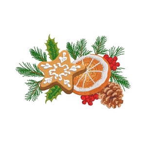 May include: A festive arrangement of Christmas decorations, including a gingerbread star cookie, a dried orange slice, a pine cone, and holly sprigs with red berries.