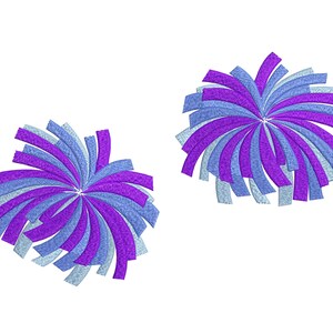 May include: Two embroidered designs featuring a burst of color. Each design has a central point with radiating, curved lines in shades of purple, light blue, and a lighter blue. The designs are set against a plain white background.