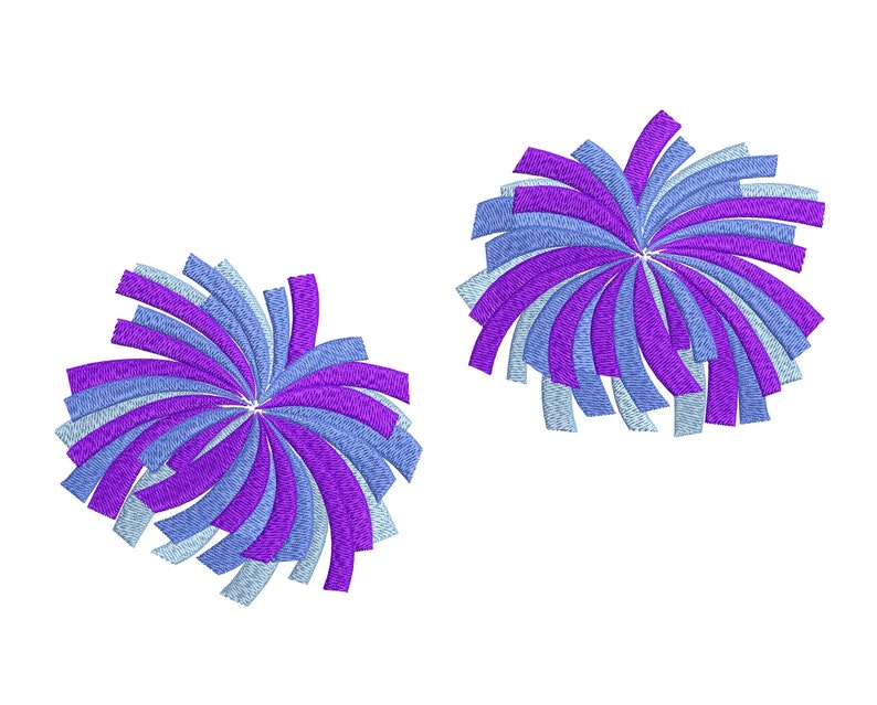 May include: Two embroidered designs featuring a burst of color. Each design has a central point with radiating, curved lines in shades of purple, light blue, and a lighter blue. The designs are set against a plain white background.