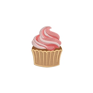 Puede incluir: Un cupcake con glaseado de remolino rosa y blanco, glaseado marrón y un forro de cupcake dorado.