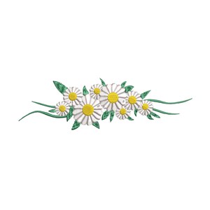 May include: A white daisy flower arrangement with green leaves and stems. The daisies are arranged in a row with the stems curving to the right.