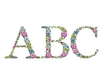 May include: The letters A, B, and C are formed with a floral design. The letters are outlined with green leaves and filled with pink and blue flowers.