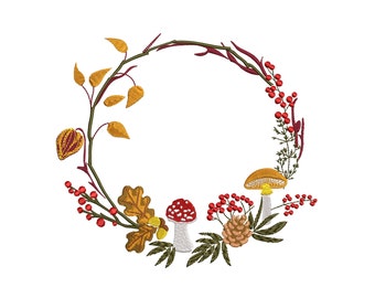 May include: Embroidered autumn wreath featuring fall foliage, mushrooms, berries, and a pinecone. The wreath is circular, with a variety of fall colors including gold, red, brown, and green. The design is detailed and appears to be hand-stitched.