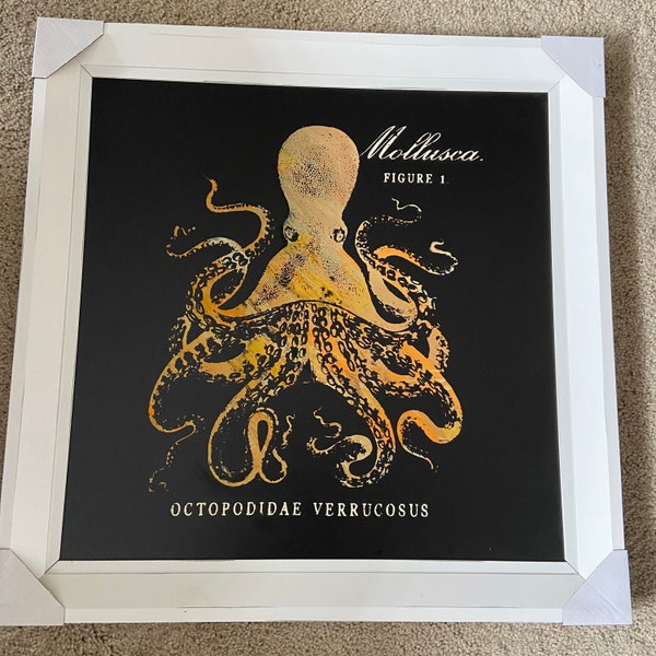 Chalk Couture Octopus in pink yellow and cream chalk paste on a 22"x22" Chalk Couture Silvie Boutique white framed chalkboard