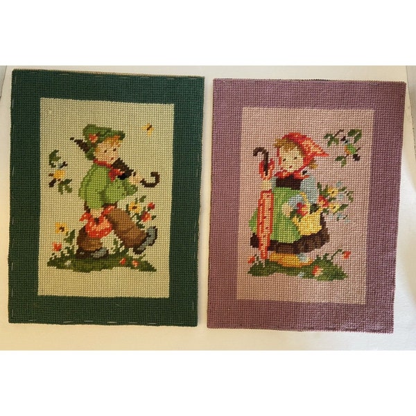 pair of vintage needlepoint cross half stitch Hummel figure pictures 9x12" 1970s