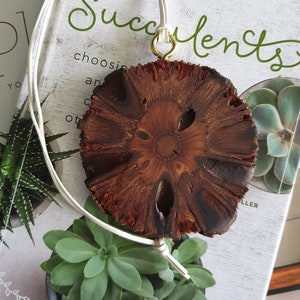 May include: A white cord necklace with a gold metal connector and a large, round, brown wooden pendant. The pendant has a unique, intricate pattern and is surrounded by green succulents.