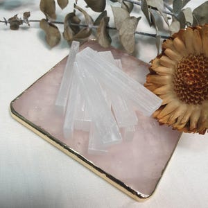 May include: A selection of white selenite crystal wands displayed on a pink square tray with a gold edge. Dried flowers and foliage are in the background. The tray is on a white surface.